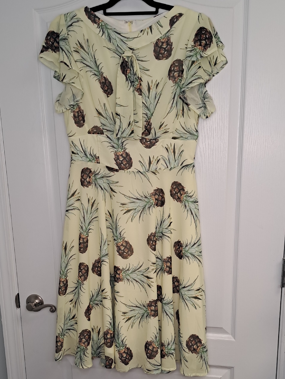 Unique Vintage Pineapple Print Fit & Flare Dress - Pale Yellow